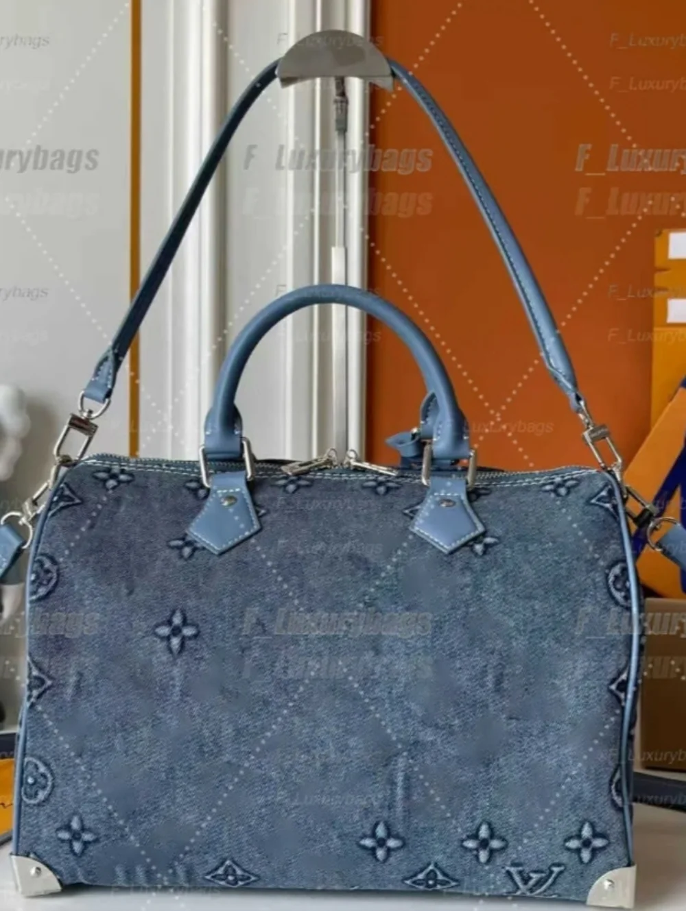 Cotton Denim Deluxe Monogram 30 Pillow Large Tote with Light Blue Leather Trim - Picture 8 of 16
